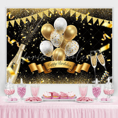 Lofaris Golden Glitter And White Balloon Happy Birthday Backdrop
