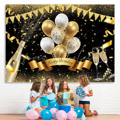 Lofaris Golden Glitter And White Balloon Happy Birthday Backdrop
