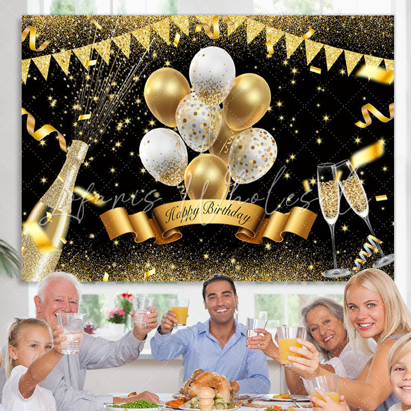 Lofaris Golden Glitter And White Balloon Happy Birthday Backdrop