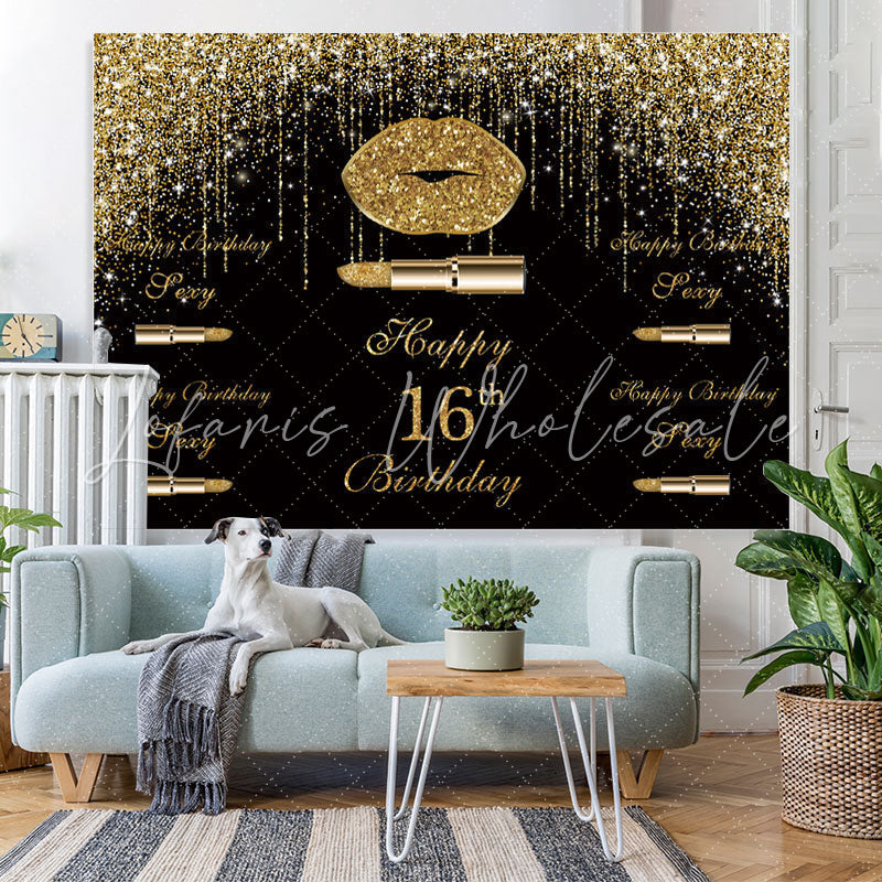 Lofaris Golden Glitter Bokeh and Black Happy 16Th Backdrop