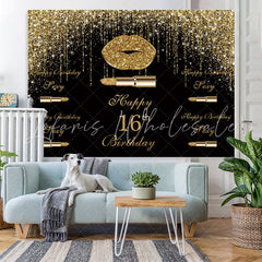 Lofaris Golden Glitter Bokeh and Black Happy 16Th Backdrop