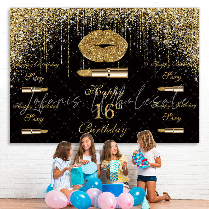 Lofaris Golden Glitter Bokeh and Black Happy 16Th Backdrop