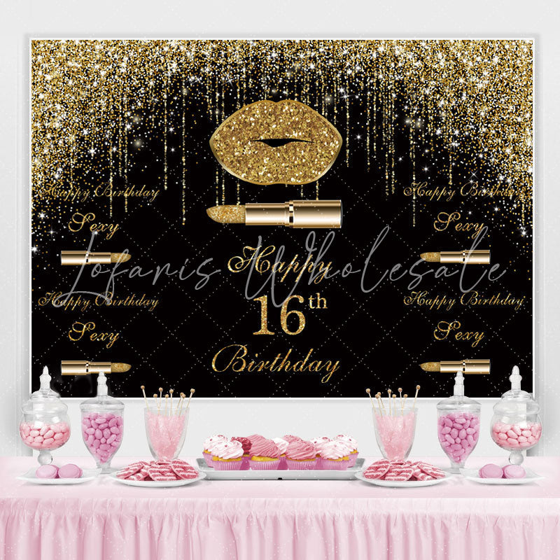 Lofaris Golden Glitter Bokeh and Black Happy 16Th Backdrop