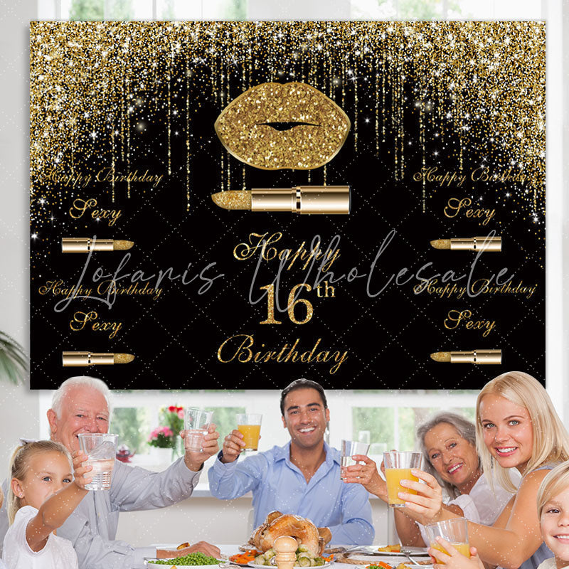 Lofaris Golden Glitter Bokeh and Black Happy 16Th Backdrop