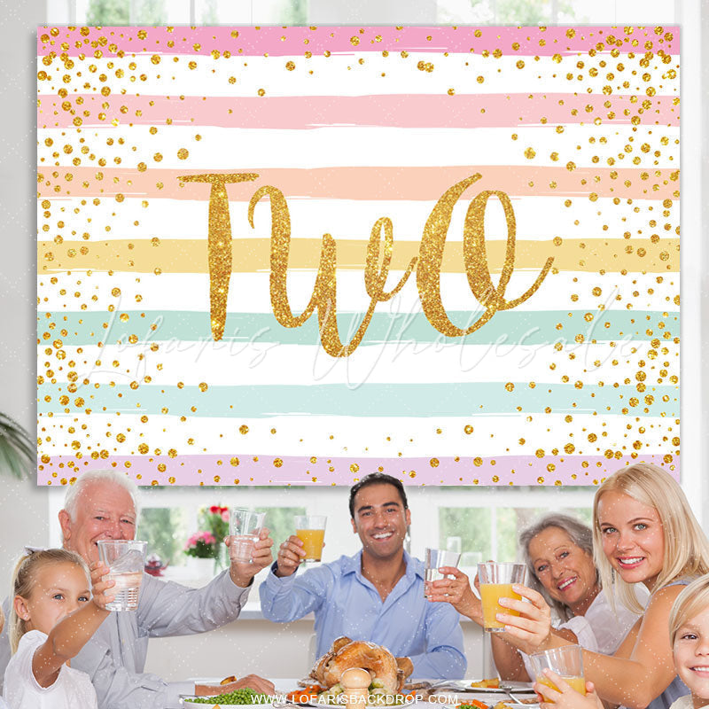 Lofaris Golden Glitter Colorful Stripes 2nd Happy Borthday Backdrop