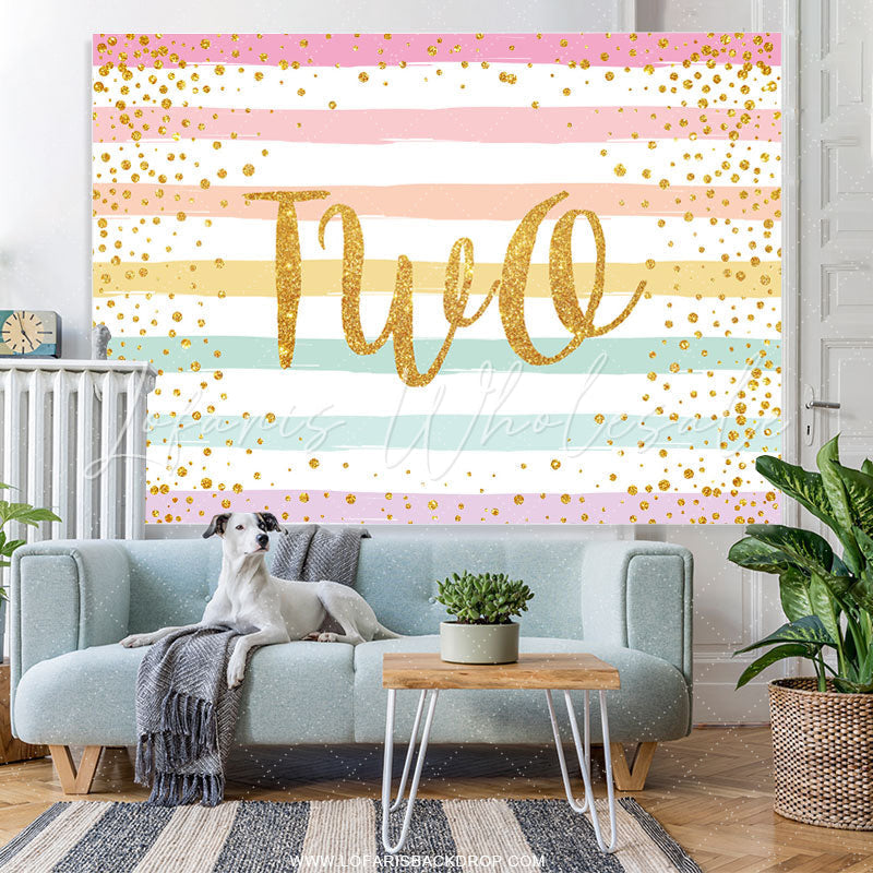 Lofaris Golden Glitter Colorful Stripes 2nd Happy Borthday Backdrop