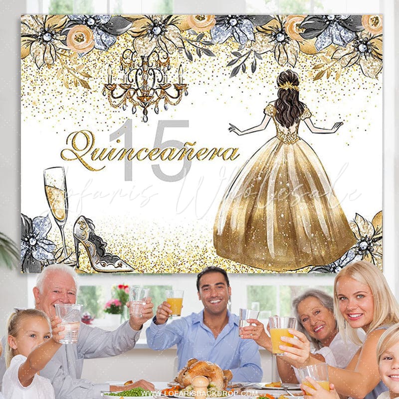 Lofaris Quinceanera Golden Glitter Floral Princess 15th Birthday Backdrop