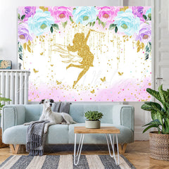 Lofaris Golden Glitter Floral Fairy Happy Birthday Backdrop