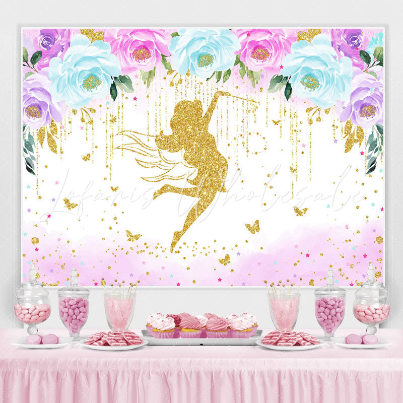 Lofaris Golden Glitter Floral Fairy Happy Birthday Backdrop