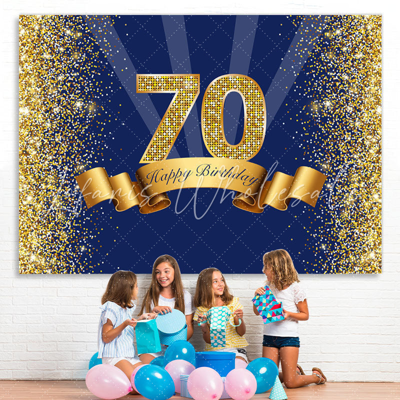 Lofaris Golden Glitter Navy Blue Happy 70Th Birthday Backdrop