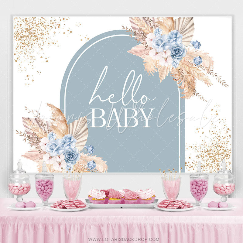 Lofaris Golden Hay Blue Floral Boho Baby Shower Backdrop