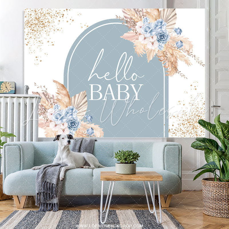Lofaris Golden Hay Blue Floral Boho Baby Shower Backdrop