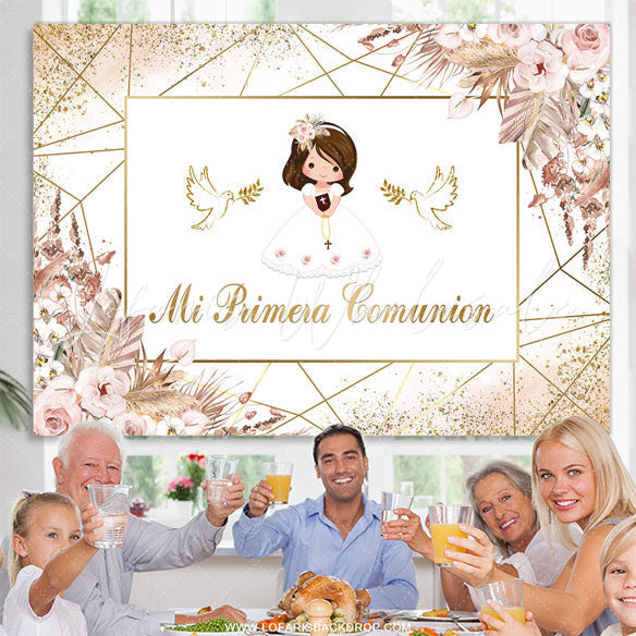 Lofaris Golden Line Dove Floral Baby Shower Backdrop For Girls