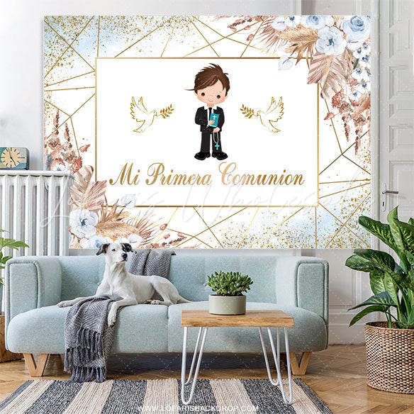 Lofaris Golden Line Dove Floral Baptism Baby Shower Backdrop For Boys