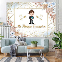 Lofaris Golden Line Dove Floral Baptism Baby Shower Backdrop For Boys