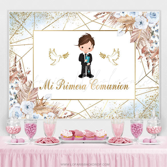 Lofaris Golden Line Dove Floral Baptism Baby Shower Backdrop For Boys