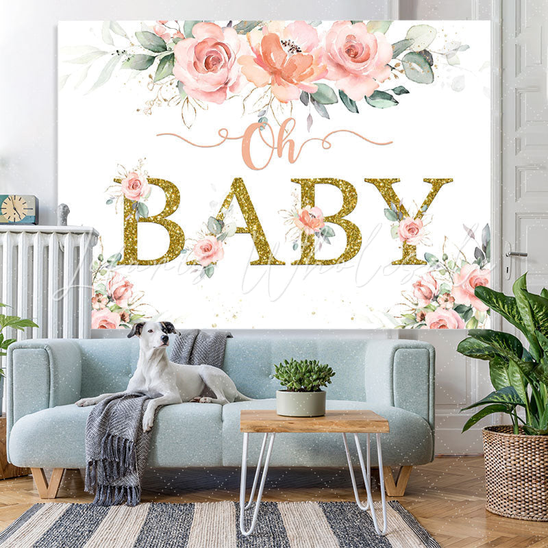 Lofaris Golden Oh Baby Pink Rose Backdrop for Shower Party