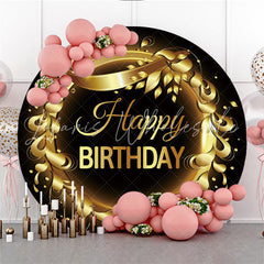 Lofaris Golden Ring Leaf Happy Birthday Round Backdrop For Party
