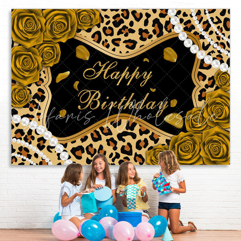 Lofaris Golden Rose Glitter Leopard Happy Birthday Backdrop