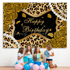 Lofaris Golden Rose Glitter Leopard Happy Birthday Backdrop