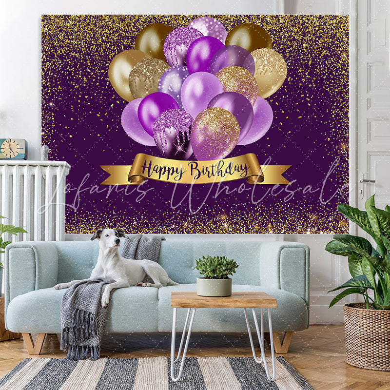 Lofaris Gorgeous Golden Bokeh Purple Happy Birthday Backdrop