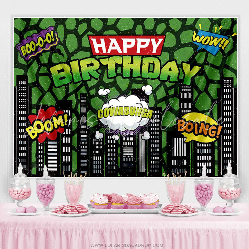 Lofaris Green American Comic City Building Happy Birthday Party Backdrop
