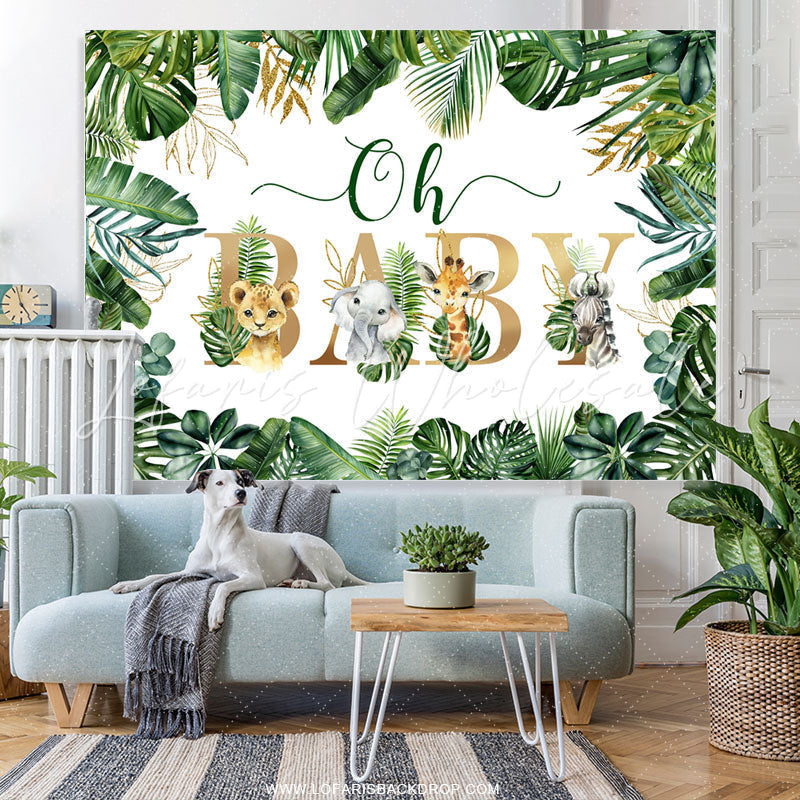 Lofaris Green And Gold Glitter Leaves Animal Baby Shower Backdrop