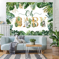 Lofaris Green And Gold Glitter Leaves Animal Baby Shower Backdrop