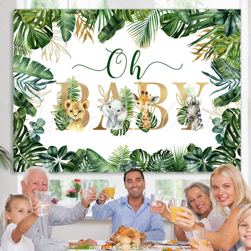 Lofaris Green And Gold Glitter Leaves Animal Baby Shower Backdrop