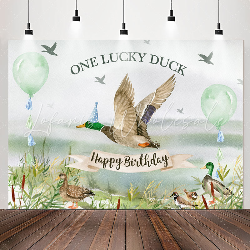 Lofaris Green Balloon One Lucky Duck Happy Birthday Backdrop