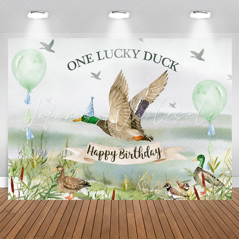 Lofaris Green Balloon One Lucky Duck Happy Birthday Backdrop
