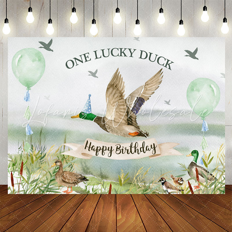 Lofaris Green Balloon One Lucky Duck Happy Birthday Backdrop