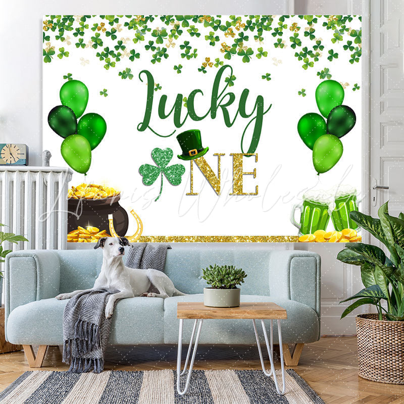 Lofaris Green Balloons And Clover Lucky One Birthday Backdrop
