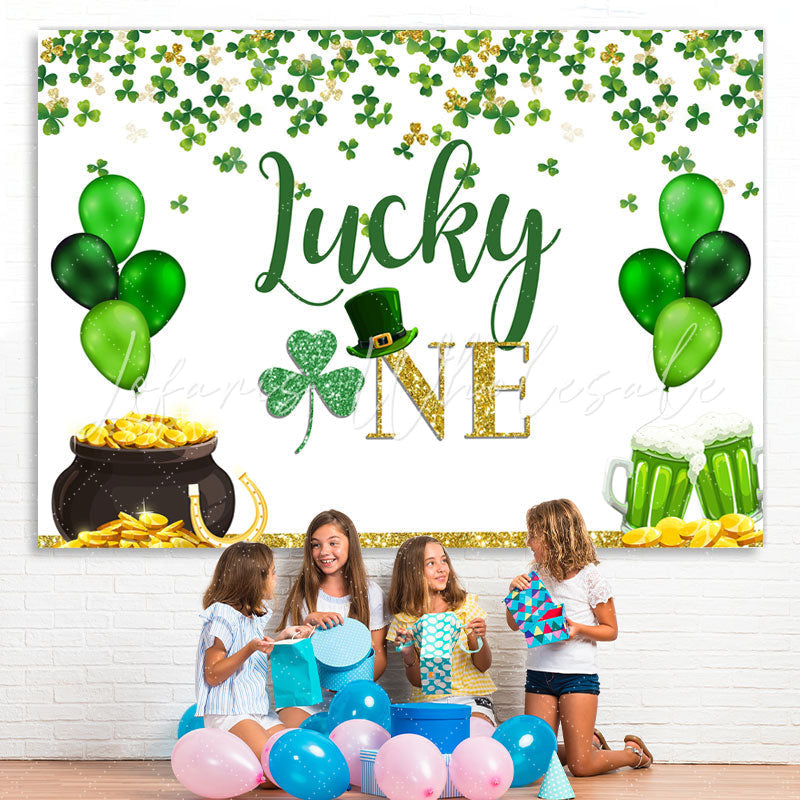 Lofaris Green Balloons And Clover Lucky One Birthday Backdrop