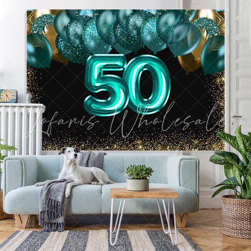 Lofaris Green Balloons Golden Bokeh 50th Brithday Backdrop