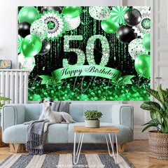 Lofaris Green Black Balloons Glitter 50th Birthday Backdrop