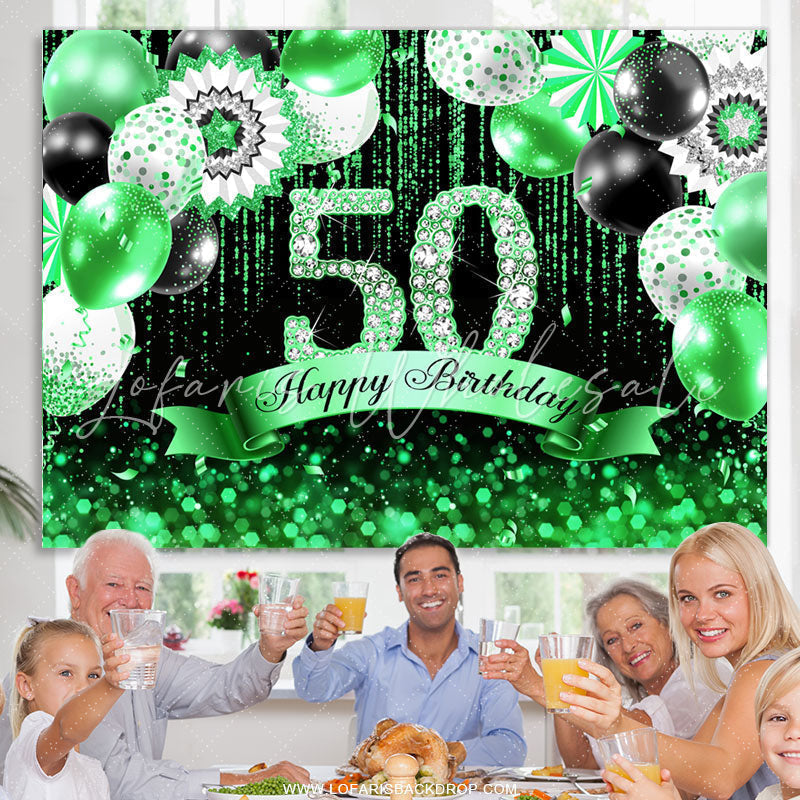 Lofaris Green Black Balloons Glitter 50th Birthday Backdrop