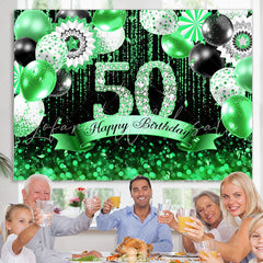 Lofaris Green Black Balloons Glitter 50th Birthday Backdrop