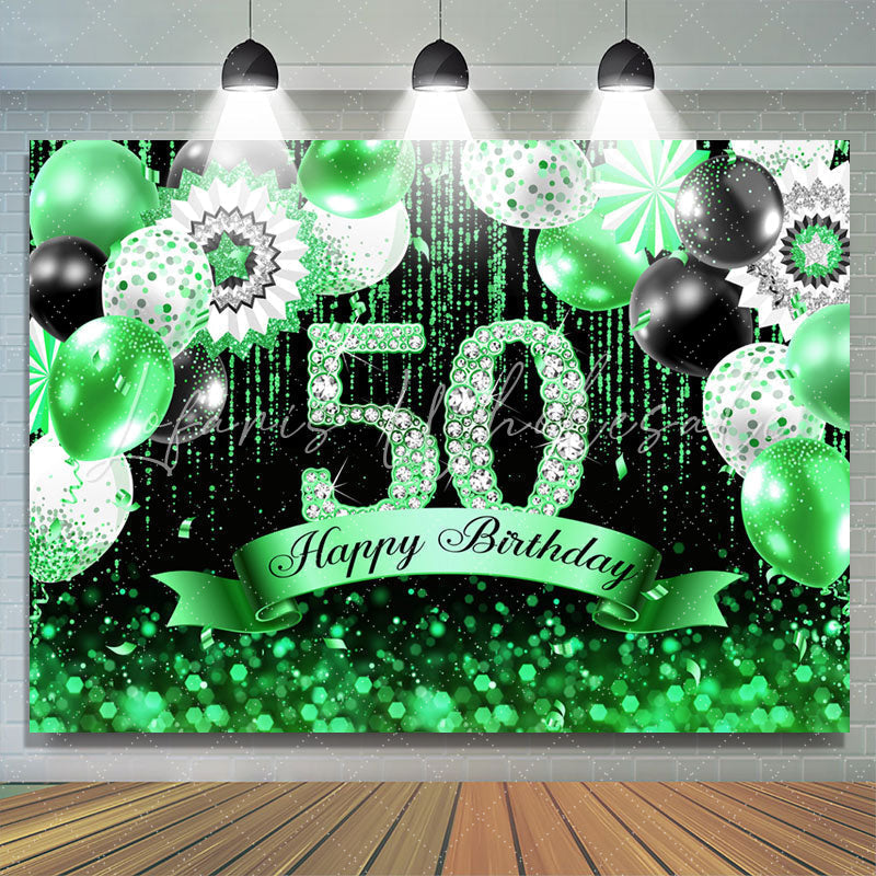 Lofaris Green Black Balloons Glitter 50th Birthday Backdrop