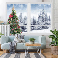 Lofaris Green Christmas Tree And Outside Snowy World Backdrop