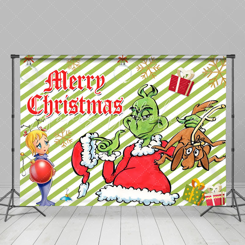 Lofaris Green Diagonal Stripe Grinch Christmas Backdrop