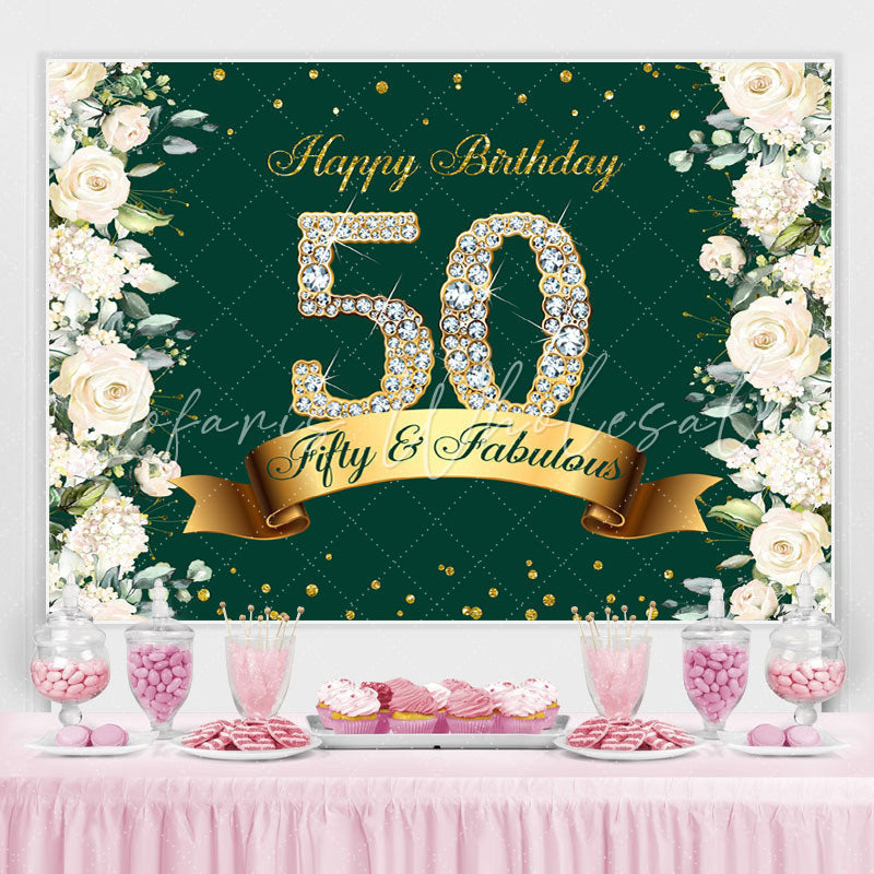 Lofaris Green Floral And Glitter Happy 50Th Birthday Backdrop