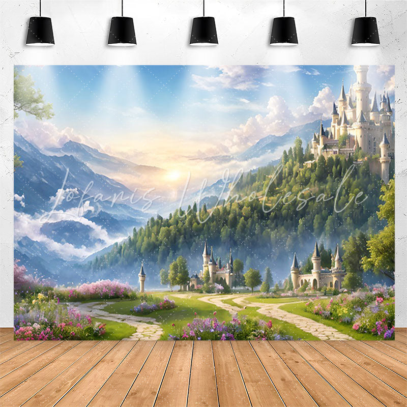 Lofaris Green Floral Wonderland Sky Castle Birthday Backdrop
