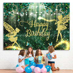 Lofaris Green Forest And Glitter Fairy Happy Birthday Backdrop