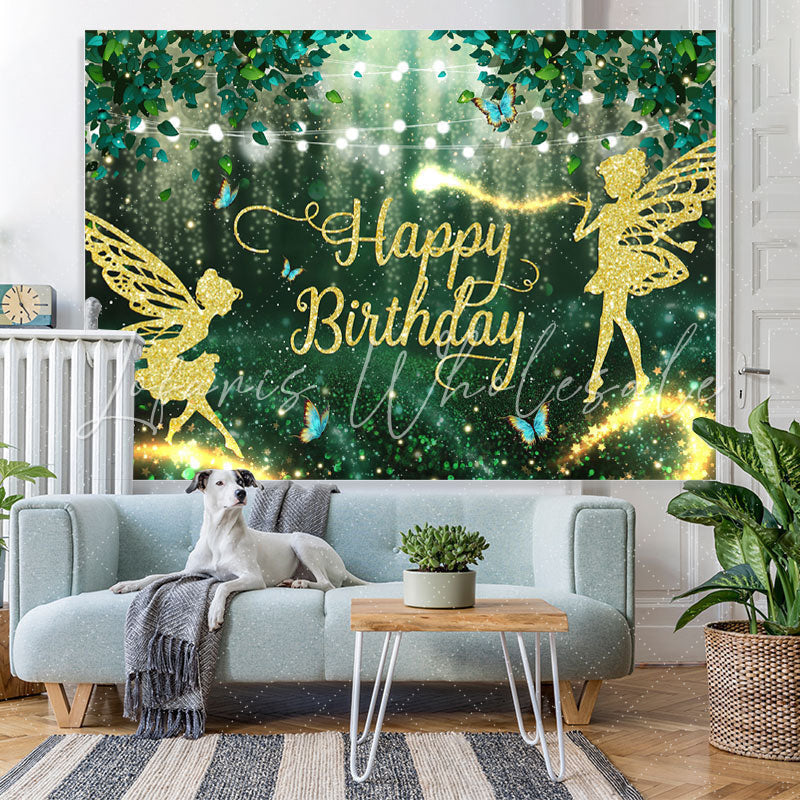 Lofaris Green Forest And Glitter Fairy Happy Birthday Backdrop