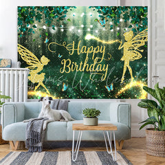 Lofaris Green Forest And Glitter Fairy Happy Birthday Backdrop