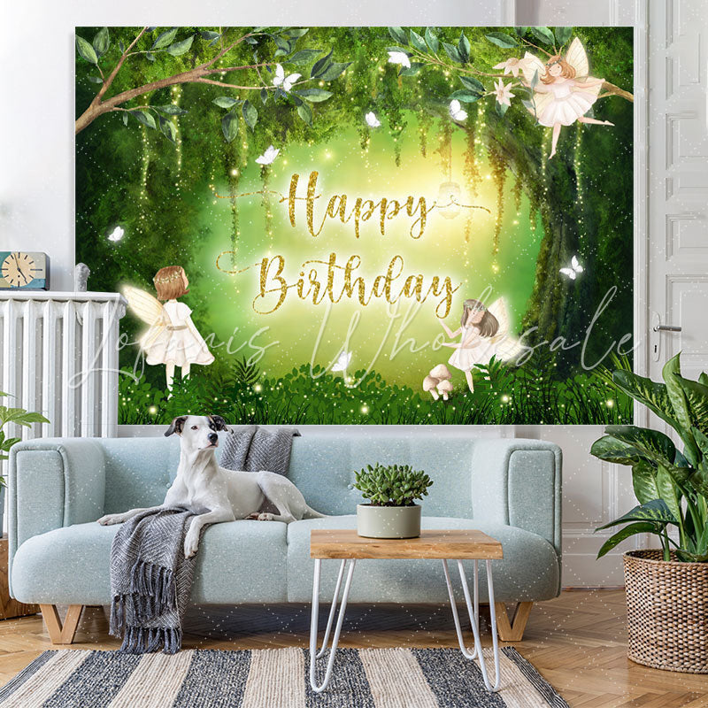 Lofaris Green Forest Butterfly Fairy Happy Birthday Backdrop