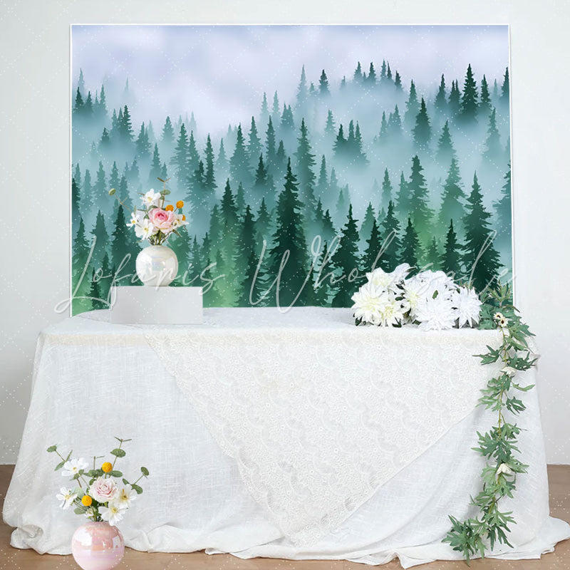 Lofaris Green Forest Fog Pine Tree Birthday Party Backdrop