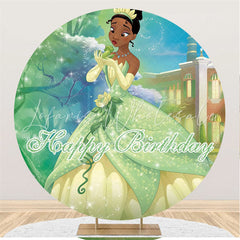 Lofaris Green Glitter Princess Round Happy Birthday Backdrop