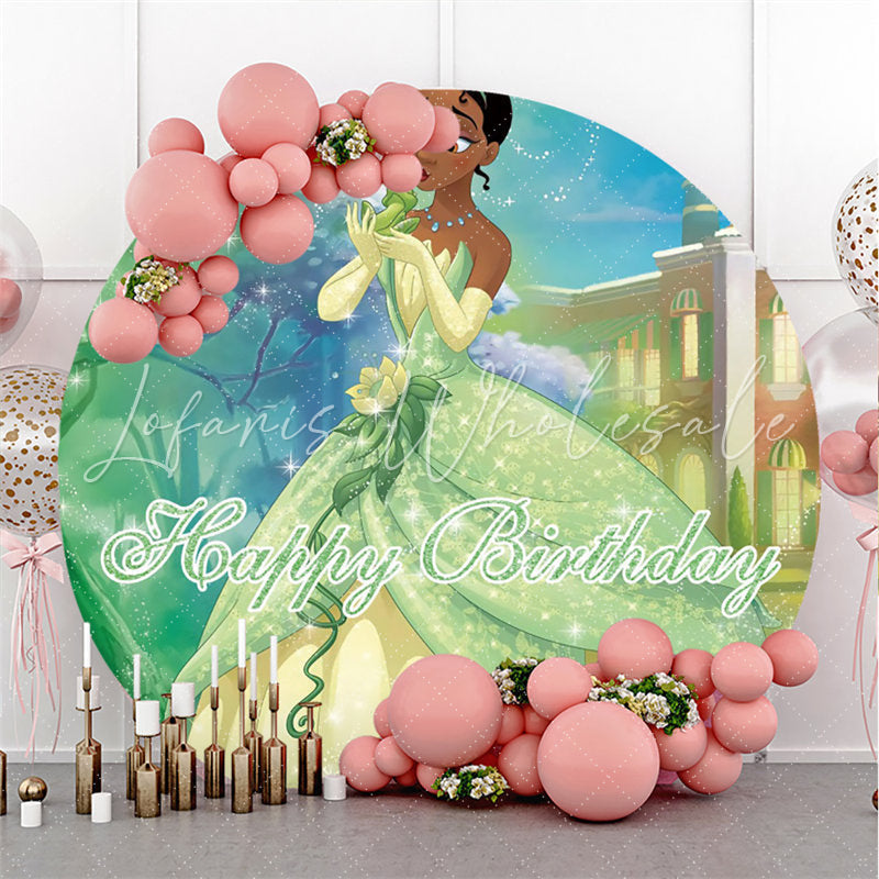 Lofaris Green Glitter Princess Round Happy Birthday Backdrop